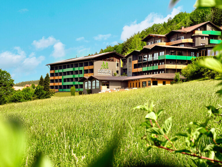 Das imposante natura Hotel in Bodenmais ist von grünen Wiesen und Wäldern umgeben.